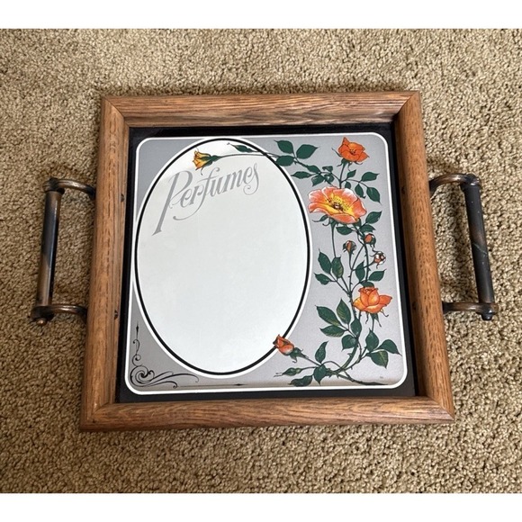 Other - Vintage Hensley Company Perfumes Roses Mirror Tray with Handles Wood Frame